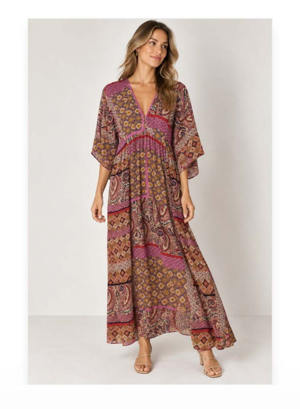 Entro Dress Womens Large Multicolor Paisley V Neck Kimono Sleeve Maxi Boho